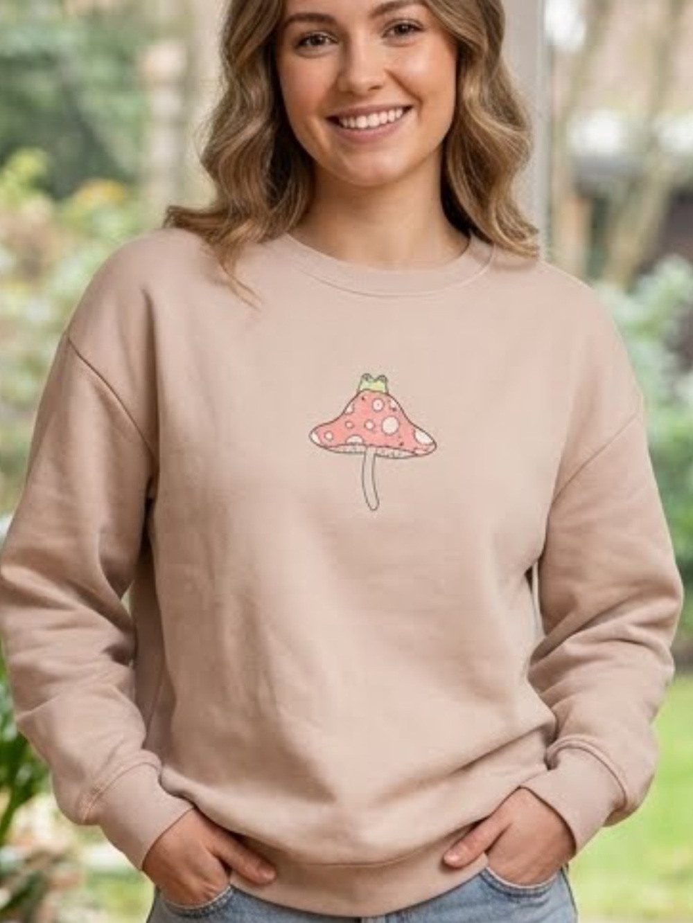 Blush Pink Mushroom Frog Embroidered Crewneck Sweatshirt - cottagecore - whimsy